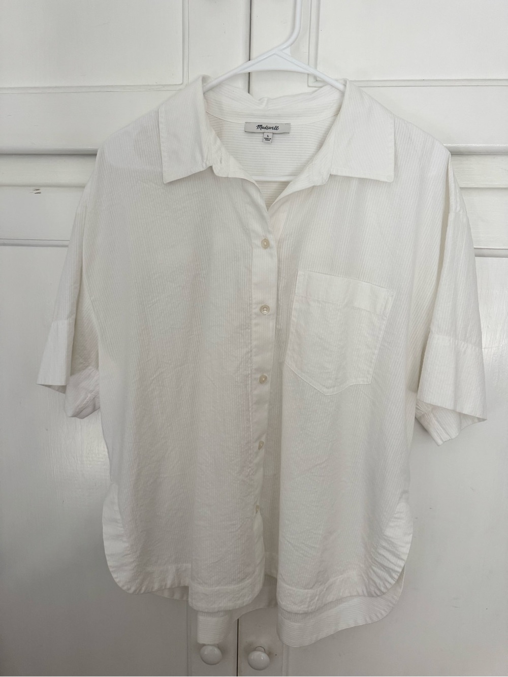 Madewell White Short-Sleeve Textured Button-Up Shirt Large